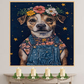 Dog Wearing Overalls and Floral Crown Art Whimsical Animal Painting for Nursery Farmhouse Decor Dog Lover Gift Cute Rustic Wall Print for Bedroom or Living Room on Ready to Hang 1.5" Thick Canvas Wrap, Floating Framed Canvas, Flat Rolled Canvas